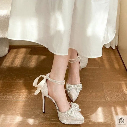 Pointed Pearl Embellish Bow Heels - Fashionnsio