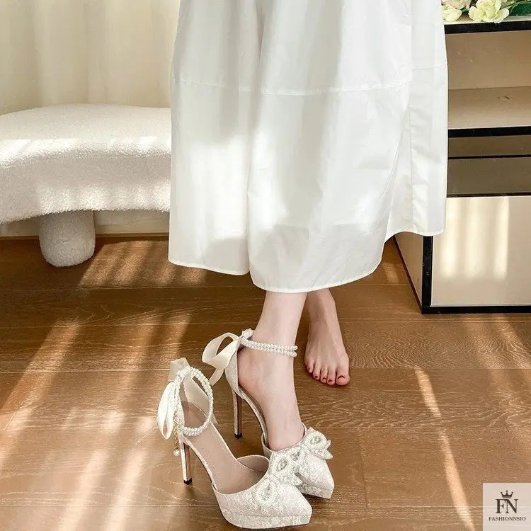 Pointed Pearl Embellish Bow Heels - Fashionnsio