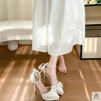 Pointed Pearl Embellish Bow Heels - Fashionnsio