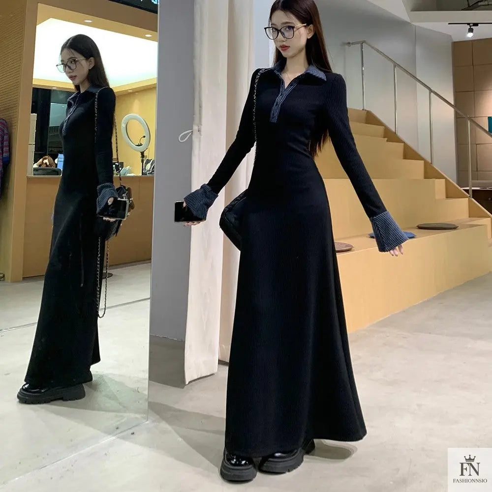 Polo Collar Button Long Dress - Fashionnsio