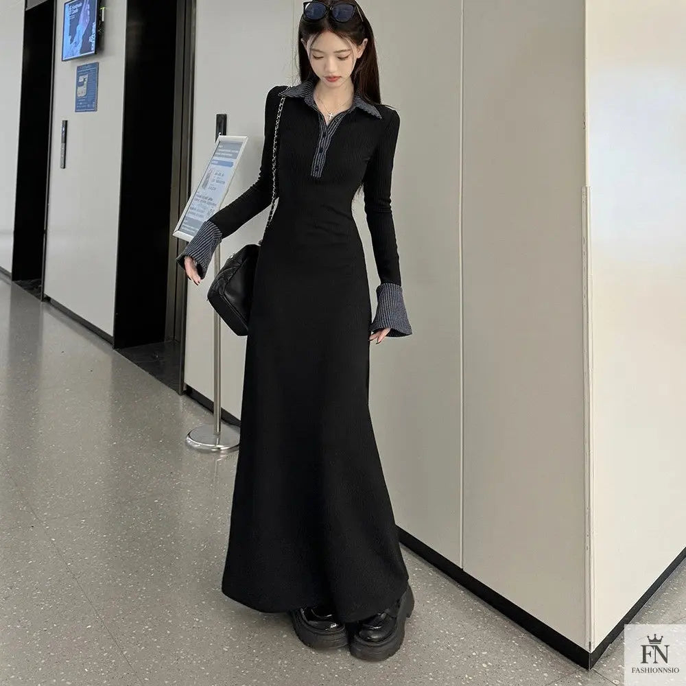 Polo Collar Button Long Dress - Fashionnsio