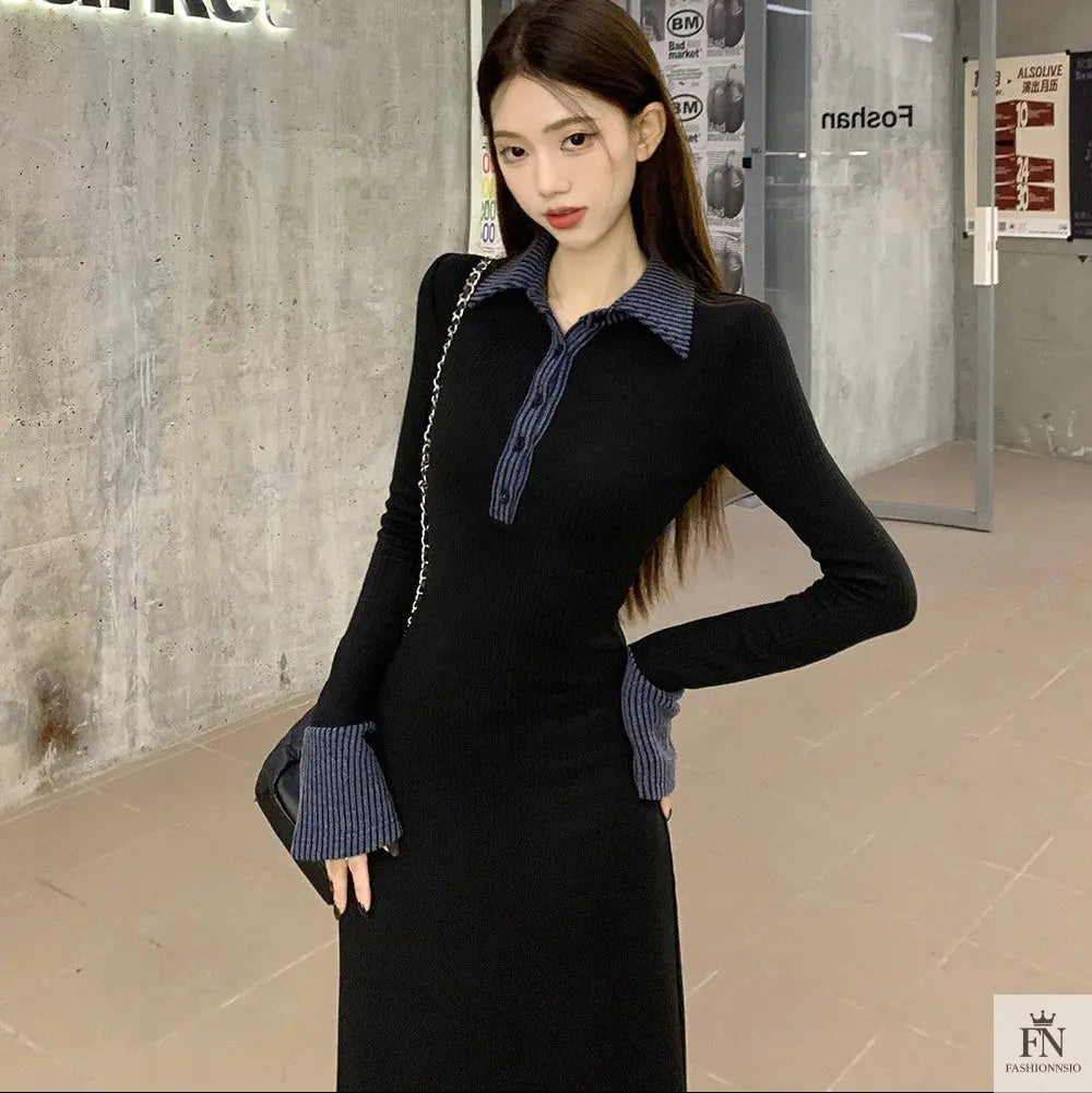 Polo Collar Button Long Dress - Fashionnsio