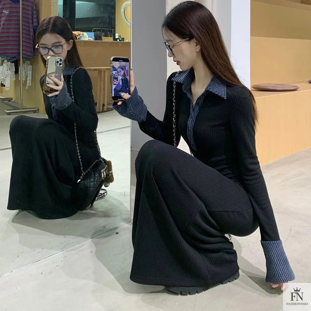 Polo Collar Button Long Dress - Fashionnsio