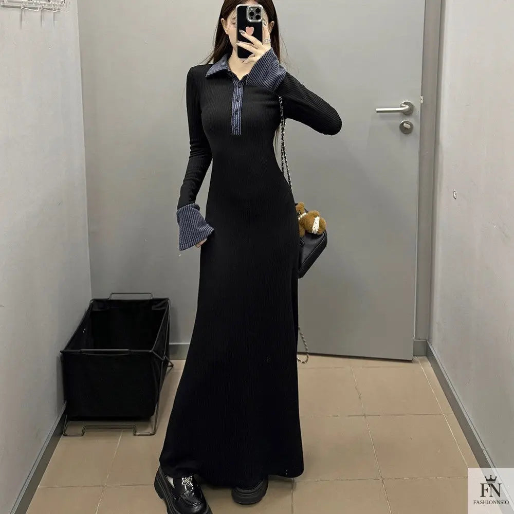 Polo Collar Button Long Dress - Fashionnsio