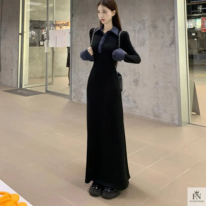 Polo Collar Button Long Dress - Fashionnsio
