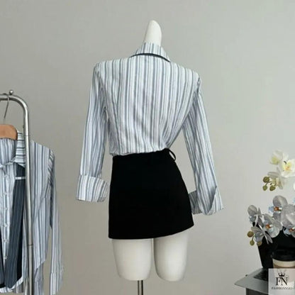 Stripe Bell Sleeve Tie Shirts - Fashionnsio