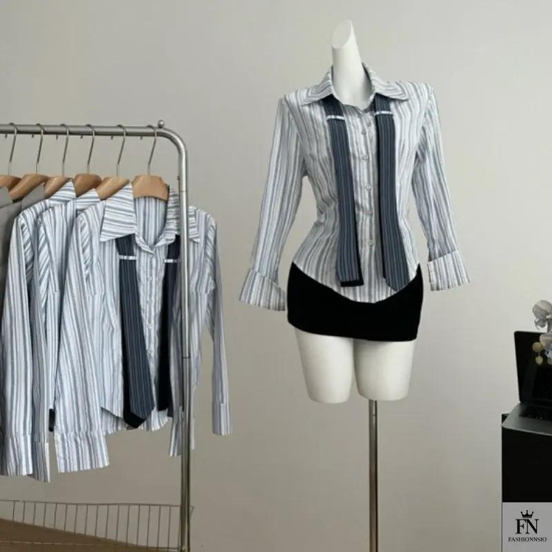 Stripe Bell Sleeve Tie Shirts - Fashionnsio