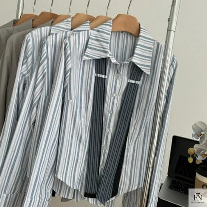 Stripe Bell Sleeve Tie Shirts - Fashionnsio