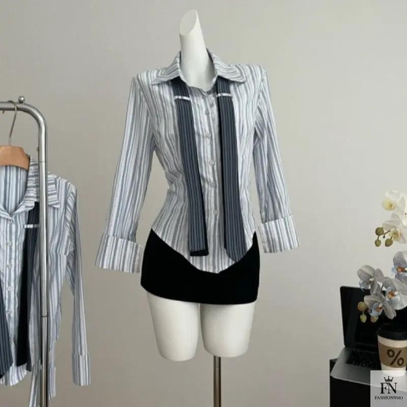 Stripe Bell Sleeve Tie Shirts - Fashionnsio