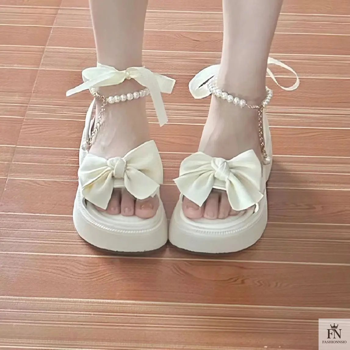 Pearl Strap Bow Flat Sandals - Fashionnsio