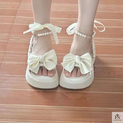Pearl Strap Bow Flat Sandals - Fashionnsio