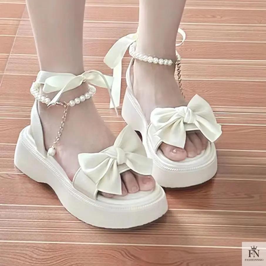 Pearl Strap Bow Flat Sandals - Fashionnsio