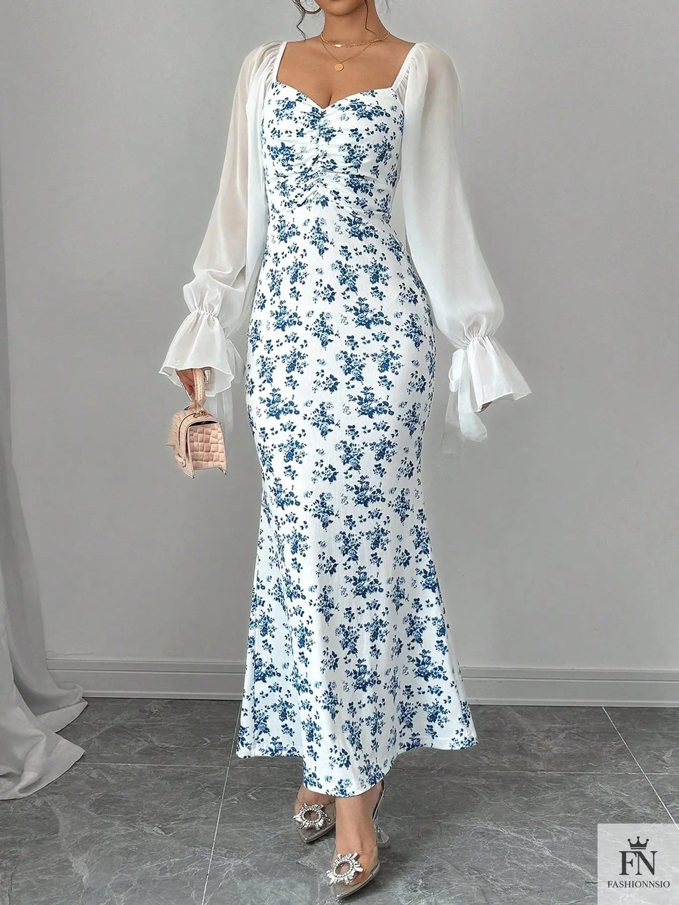 Puff Sleeve Floral Bodycon Dress - Fashionnsio