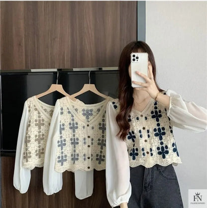 Puff Sleeve Floral Crochet Top - Fashionnsio