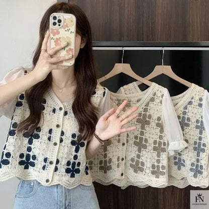 Puff Sleeve Floral Crochet Top - Fashionnsio