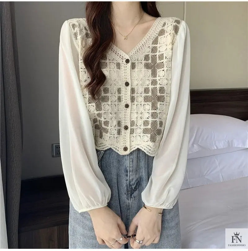 Puff Sleeve Floral Crochet Top - Fashionnsio