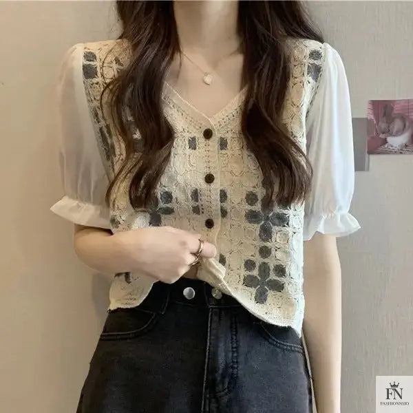 Puff Sleeve Floral Crochet Top - Fashionnsio