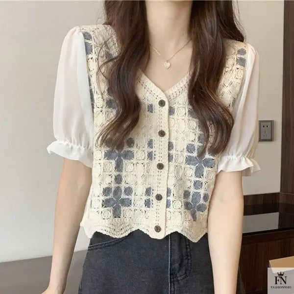 Puff Sleeve Floral Crochet Top - Fashionnsio