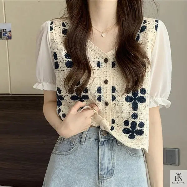 Puff Sleeve Floral Crochet Top - Fashionnsio