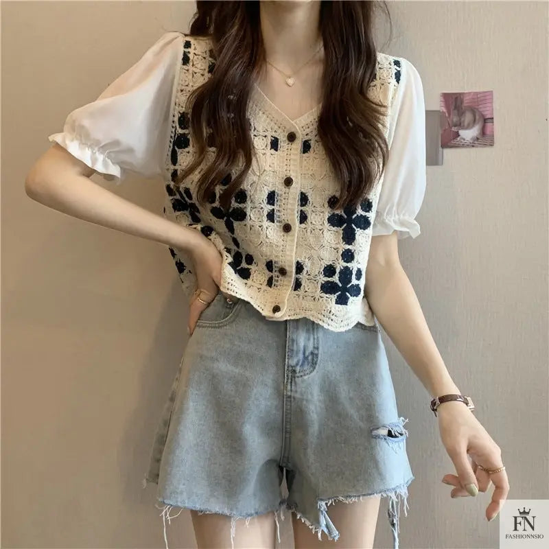 Puff Sleeve Floral Crochet Top - Fashionnsio