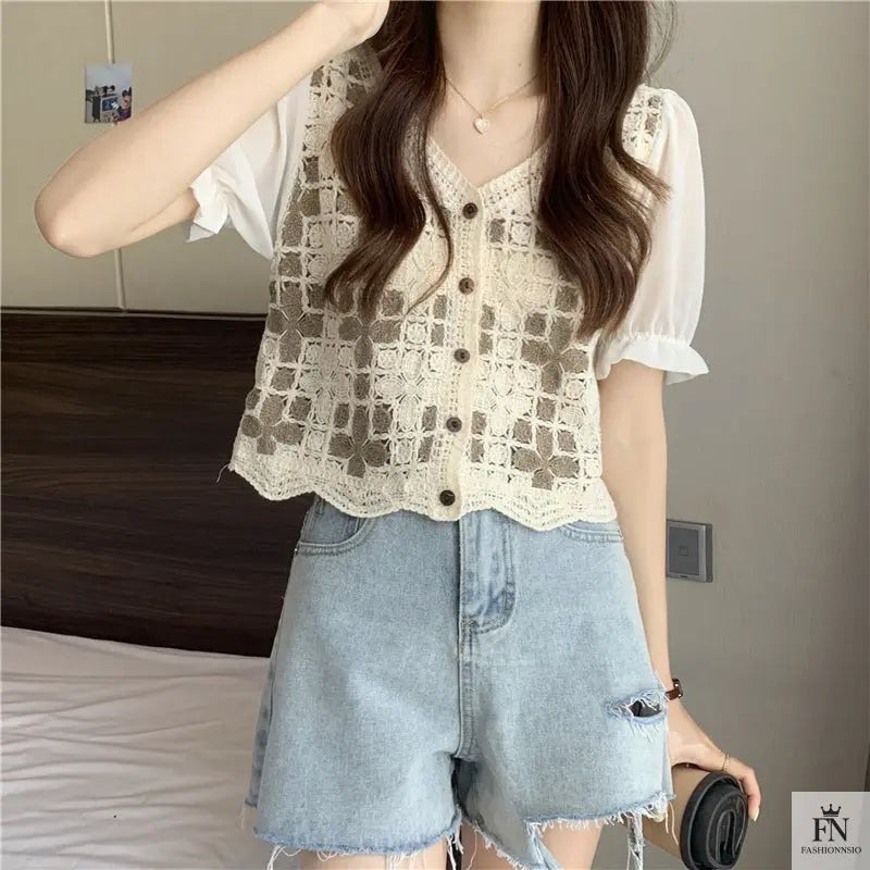 Puff Sleeve Floral Crochet Top - Fashionnsio