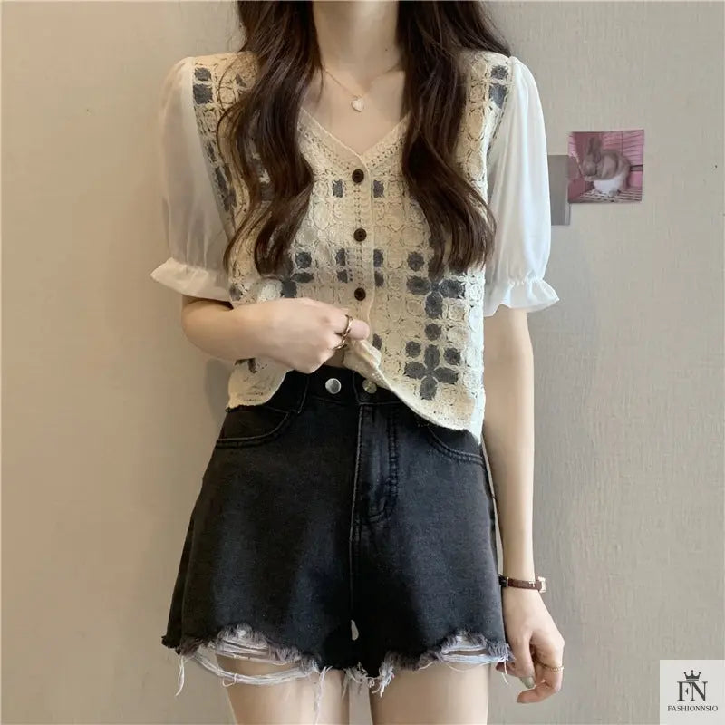 Puff Sleeve Floral Crochet Top - Fashionnsio