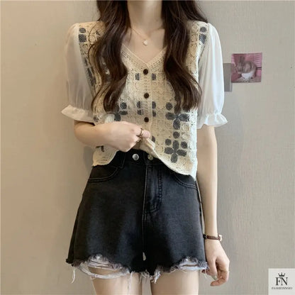 Puff Sleeve Floral Crochet Top - Fashionnsio