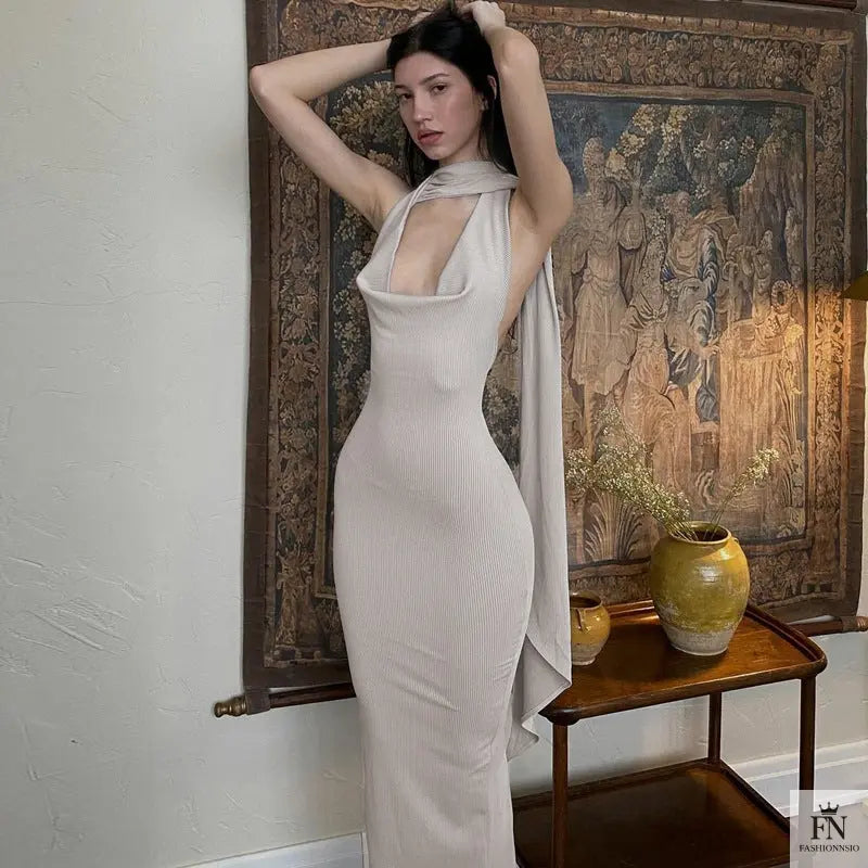 Bodycon Long Dress With Scarf - Fashionnsio