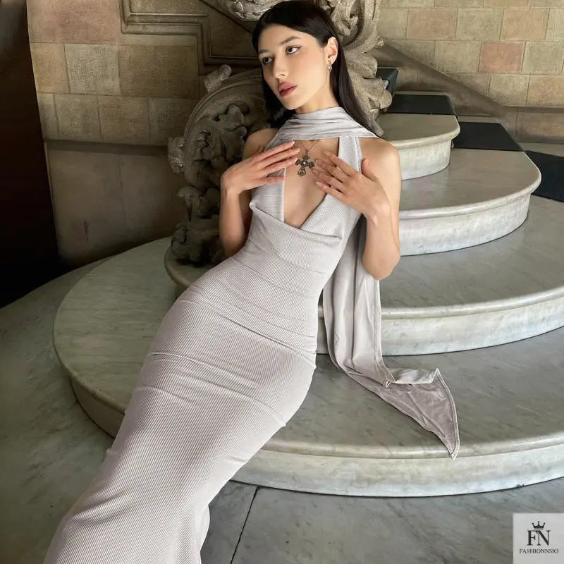 Bodycon Long Dress With Scarf - Fashionnsio
