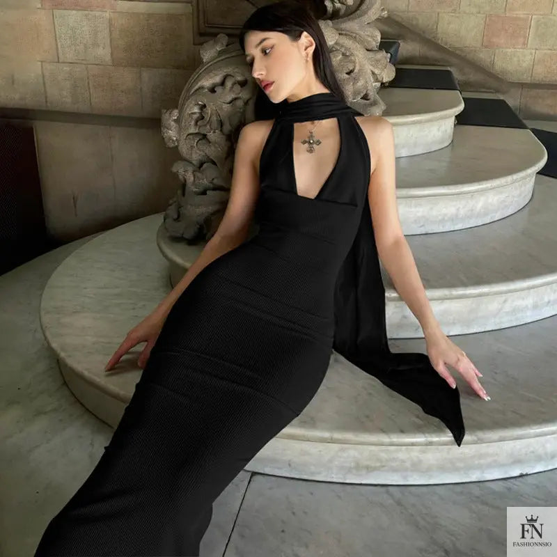 Bodycon Long Dress With Scarf - Fashionnsio