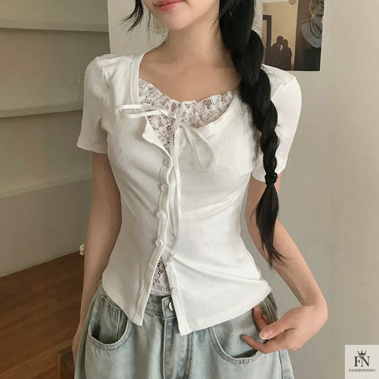 Fake 2 Piece Lace Bow Top - Fashionnsio