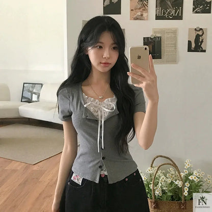 Fake 2 Piece Lace Bow Top - Fashionnsio