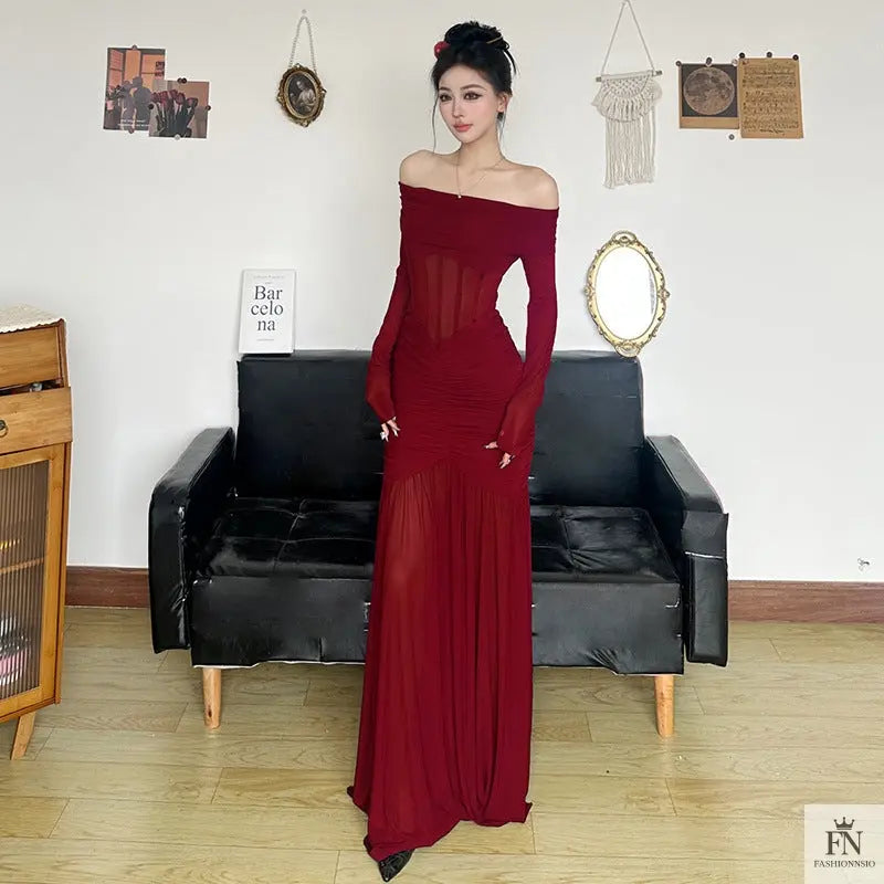 Mesh Off Shoulder Long Dress - Fashionnsio