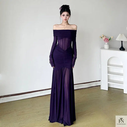 Mesh Off Shoulder Long Dress - Fashionnsio