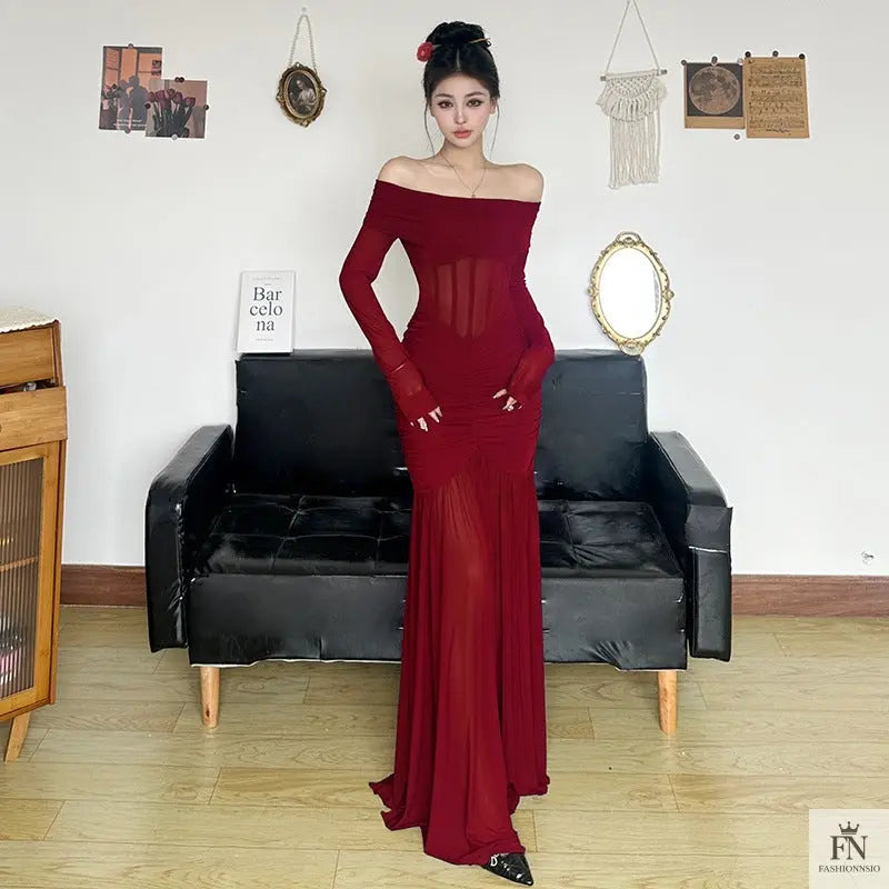 Mesh Off Shoulder Long Dress - Fashionnsio