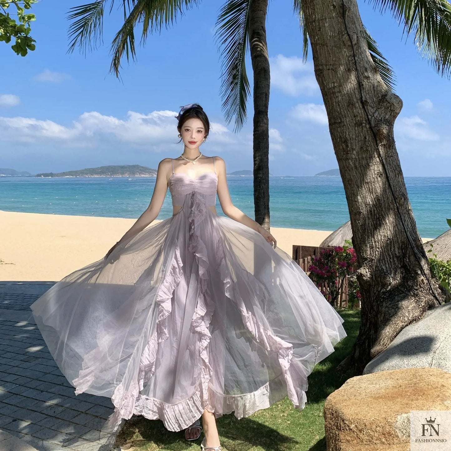 Mesh Ruffle Flared Maxi Dress - Fashionnsio