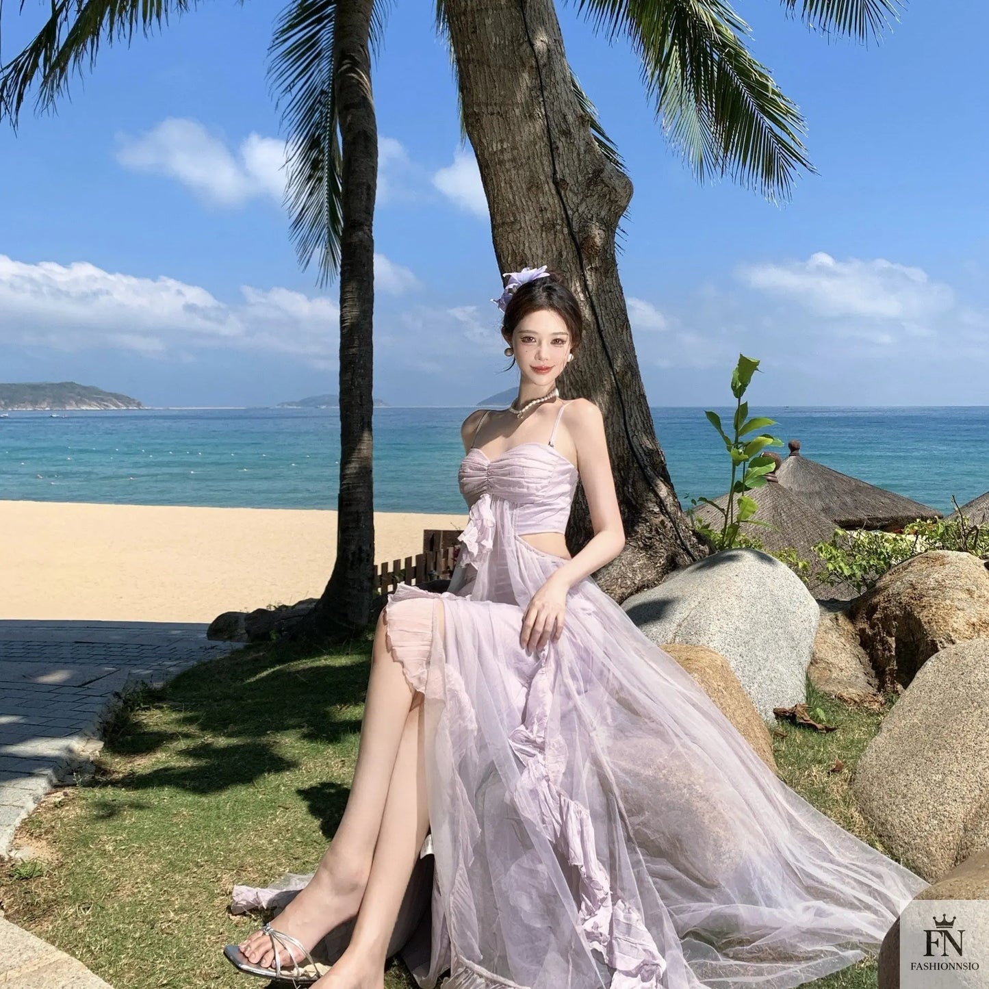 Mesh Ruffle Flared Maxi Dress - Fashionnsio