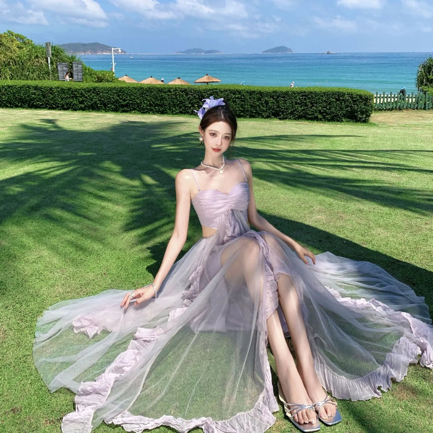 Mesh Ruffle Flared Maxi Dress - Fashionnsio