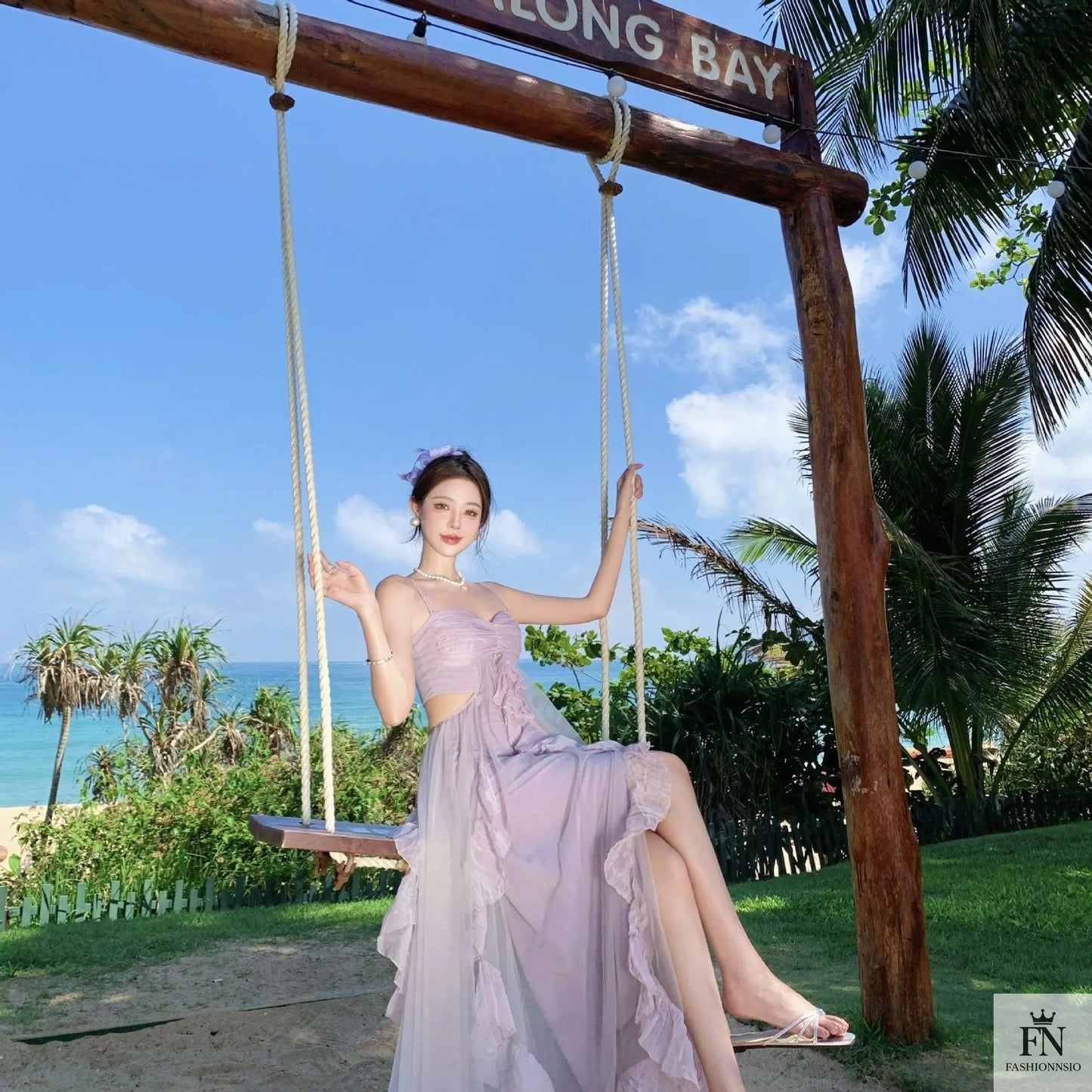 Mesh Ruffle Flared Maxi Dress - Fashionnsio