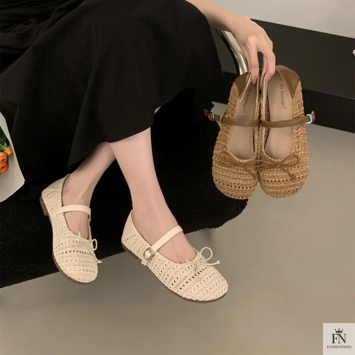 Crochet Buckle Strap Bow Flats - Fashionnsio