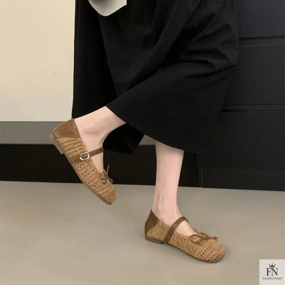 Crochet Buckle Strap Bow Flats - Fashionnsio