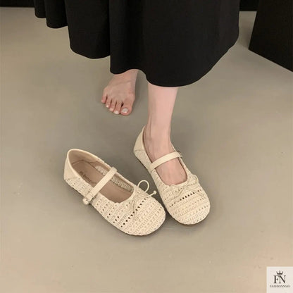 Crochet Buckle Strap Bow Flats - Fashionnsio