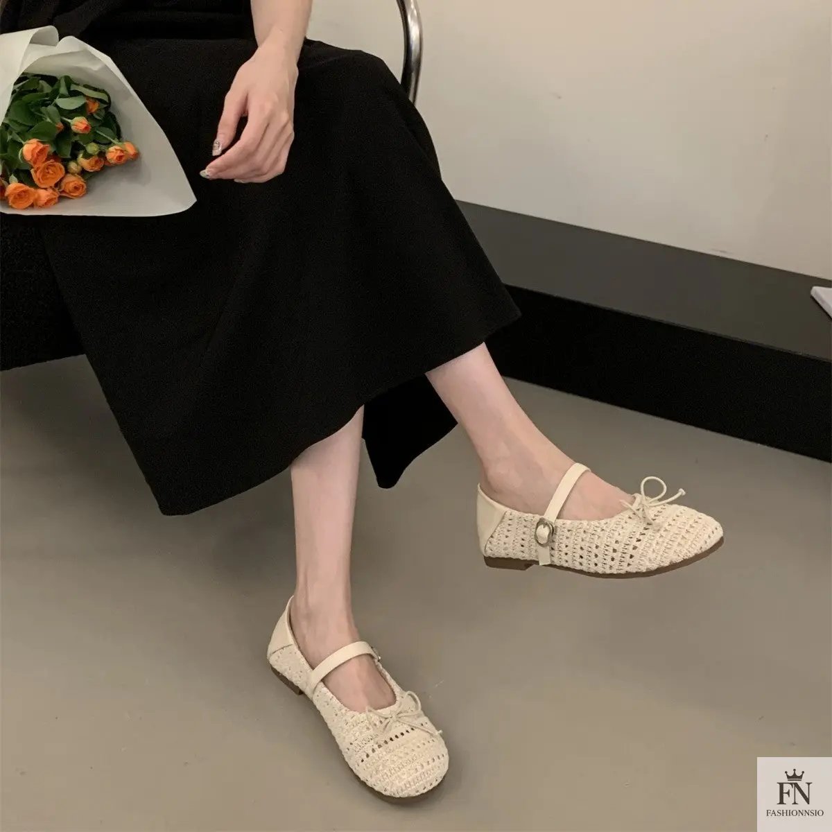 Crochet Buckle Strap Bow Flats - Fashionnsio