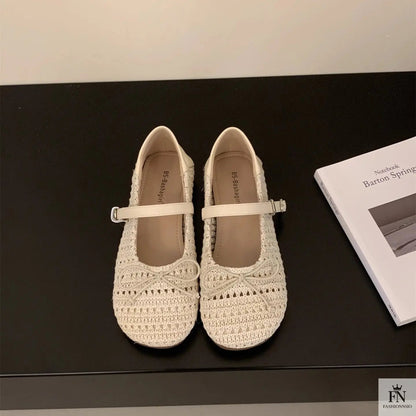 Crochet Buckle Strap Bow Flats - Fashionnsio