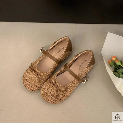 Crochet Buckle Strap Bow Flats - Fashionnsio