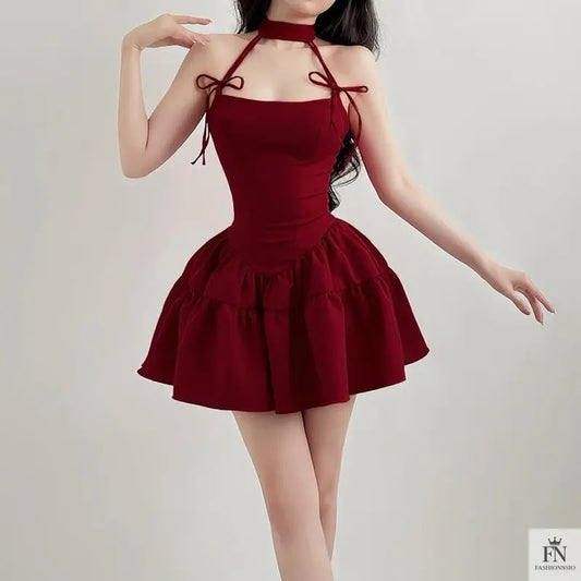 Bow Halter Ruffle Mini Dress - Fashionnsio