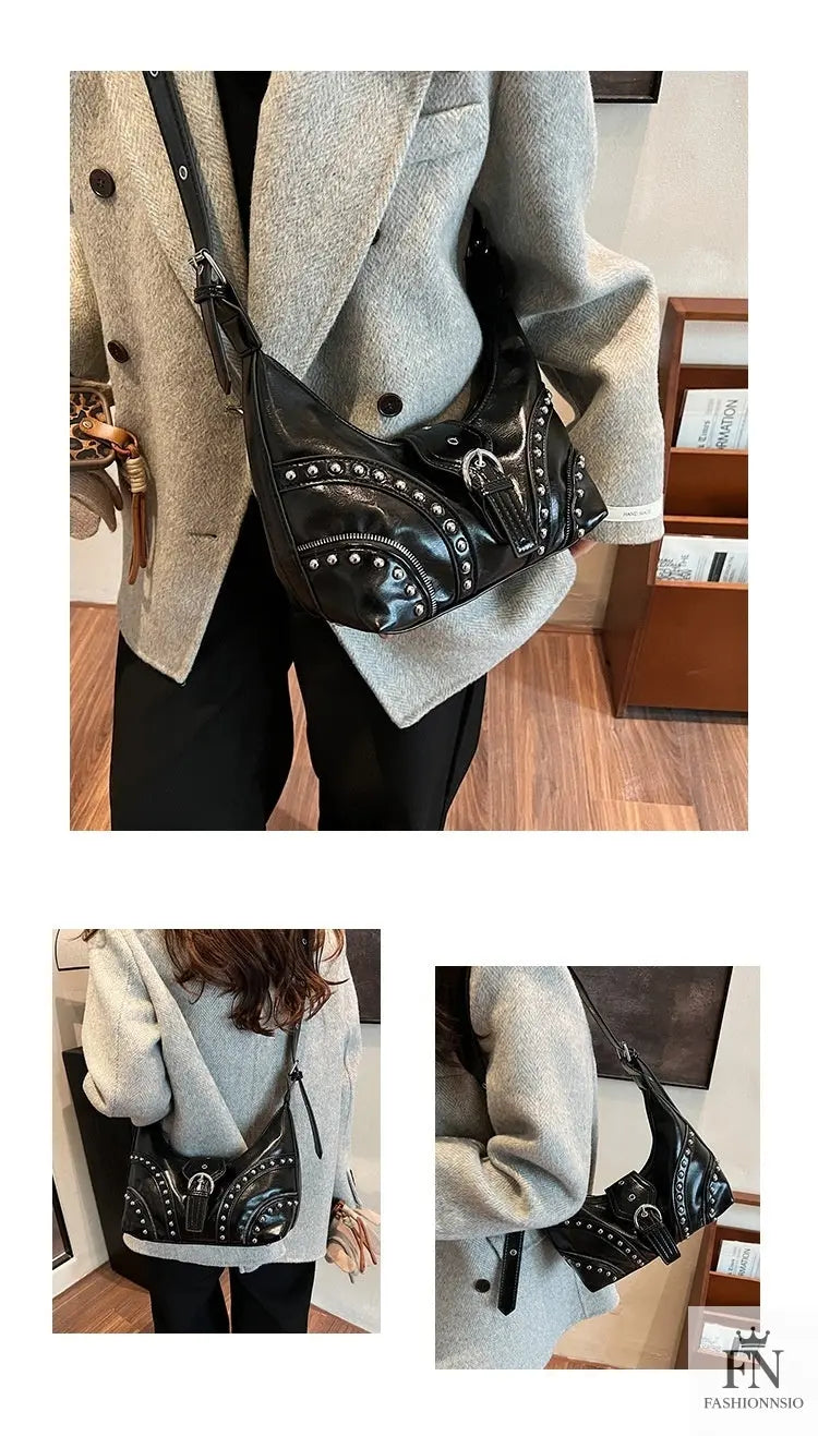 Retro Rivet Belt Buckle Shoulder Bags - Fashionnsio