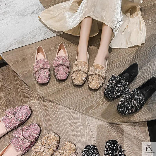 Rhinestone Embroidered Pearl Bow Flats - Fashionnsio
