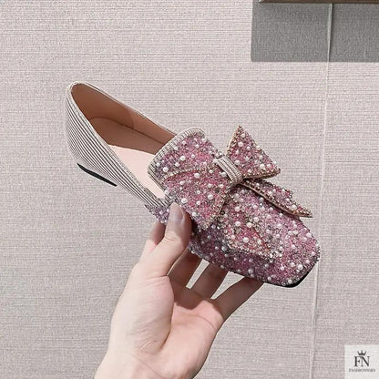 Rhinestone Embroidered Pearl Bow Flats - Fashionnsio