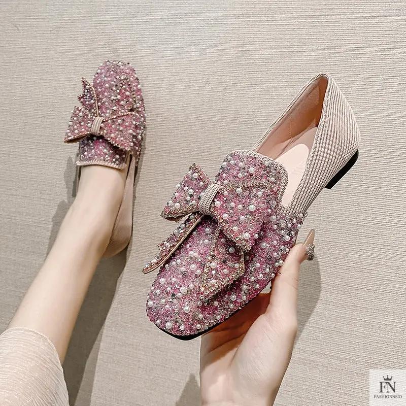 Rhinestone Embroidered Pearl Bow Flats - Fashionnsio